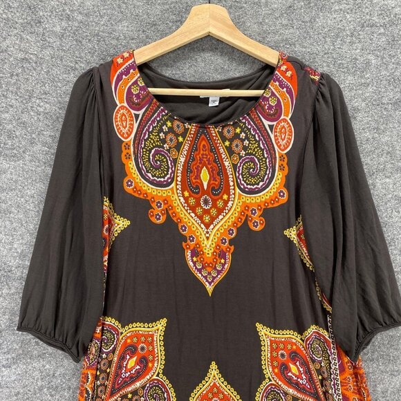 Cha Cha Vente Sheath Dress Women L Black Orange Paisley 3/4 Sleeve Crew Sleeve - Picture 5 of 10